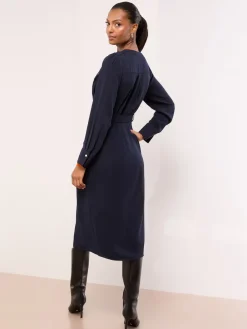 Lipsy Grandad Collar Belted Midi Button Through Shirt Dress Navy Blue Clearance
