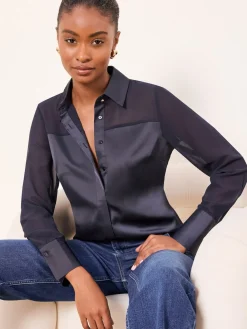 Lipsy Long Sleeve Satin Chiffon Mix Shirt Navy Blue Online