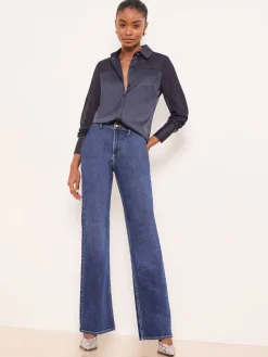 Lipsy Long Sleeve Satin Chiffon Mix Shirt Navy Blue Online