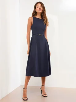Lipsy Sleeveless Snaffle Trim Midi Skater Dress Navy Blue New