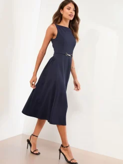 Lipsy Sleeveless Snaffle Trim Midi Skater Dress Navy Blue New