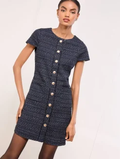 Lipsy Navy Boucle Button Through Short Sleeve Shift Dress Online