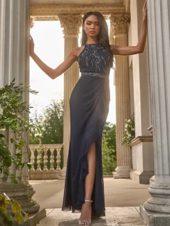 Lipsy Embellished Ruffle Front Halter Wedding Bridesmaid Dress Navy