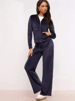 Lipsy Embroidered Velour Relaxed Wide Leg Joggers Navy Hot