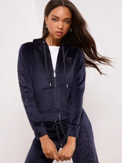 Lipsy Embroidered Velour Zip Through Hoodie Navy Discount
