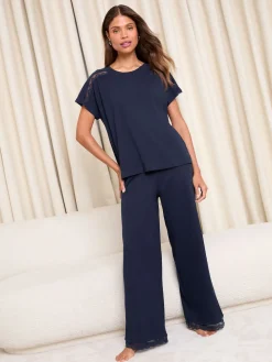 Lipsy Lace Trim Jersey Short Sleeve Trousers Pyjamas Set Navy Best