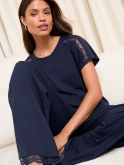 Lipsy Lace Trim Jersey Short Sleeve Trousers Pyjamas Set Navy Best