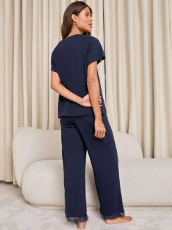 Lipsy Lace Trim Jersey Short Sleeve Trousers Pyjamas Set Navy Best