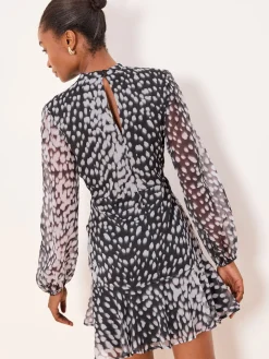 Lipsy Neutral Animal Print Gathered Waist Woven Mini Dress