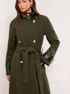 Lipsy Petite Croc Effect Funnel Neck Belted Longline Coat Olive Green Outlet