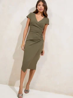 Lipsy Olive Green Short Sleeve Ruched Asymmetric Detail Midi Dress New