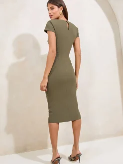 Lipsy Olive Green Short Sleeve Ruched Asymmetric Detail Midi Dress New