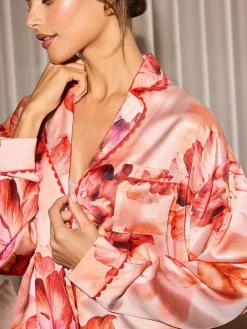 Lipsy Relaxed Long Sleeve Printed Satin Pyjamas Set Pink Orange Floral