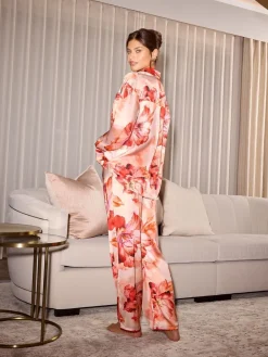 Lipsy Relaxed Long Sleeve Printed Satin Pyjamas Set Pink Orange Floral