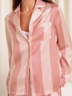 Lipsy Relaxed Long Sleeve Printed Satin Pyjamas Set Pink Stripe Outlet
