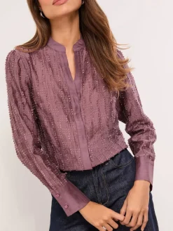 Lipsy Purple Button Down Burnout Detail Shirt Sale