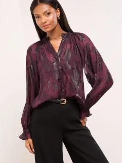 Lipsy Lurex Floral Burnout Blouse Purple New