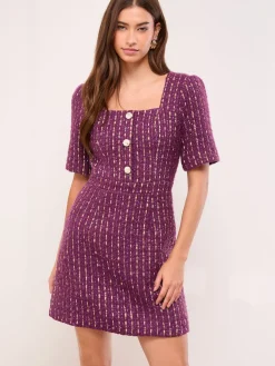 Lipsy Purple Tweed Square Neck Boucle Gold Button Dress Online