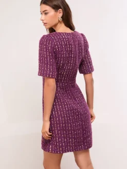 Lipsy Purple Tweed Square Neck Boucle Gold Button Dress Online