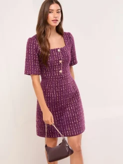 Lipsy Purple Tweed Square Neck Boucle Gold Button Dress Online