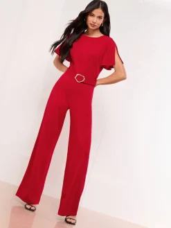 Lipsy Short Sleeve Hardware Jumpsuit Red Hot