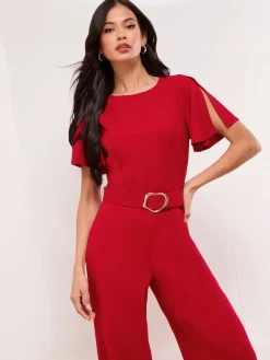 Lipsy Short Sleeve Hardware Jumpsuit Red Hot