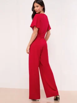 Lipsy Short Sleeve Hardware Jumpsuit Red Hot