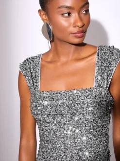 Lipsy Silver Sequin Square Neck Maxi Dress Clearance