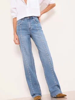 Lipsy Wide Leg Jeans Studded Mid Wash Blue Outlet