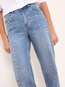 Lipsy Wide Leg Jeans Studded Mid Wash Blue Outlet