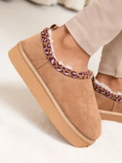 Lipsy Borg Leopard Print Trim Platform Slippers Boots Tan Brown Hot