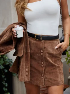 Lipsy Tan Brown Mini Suede Double Popper Skirt New