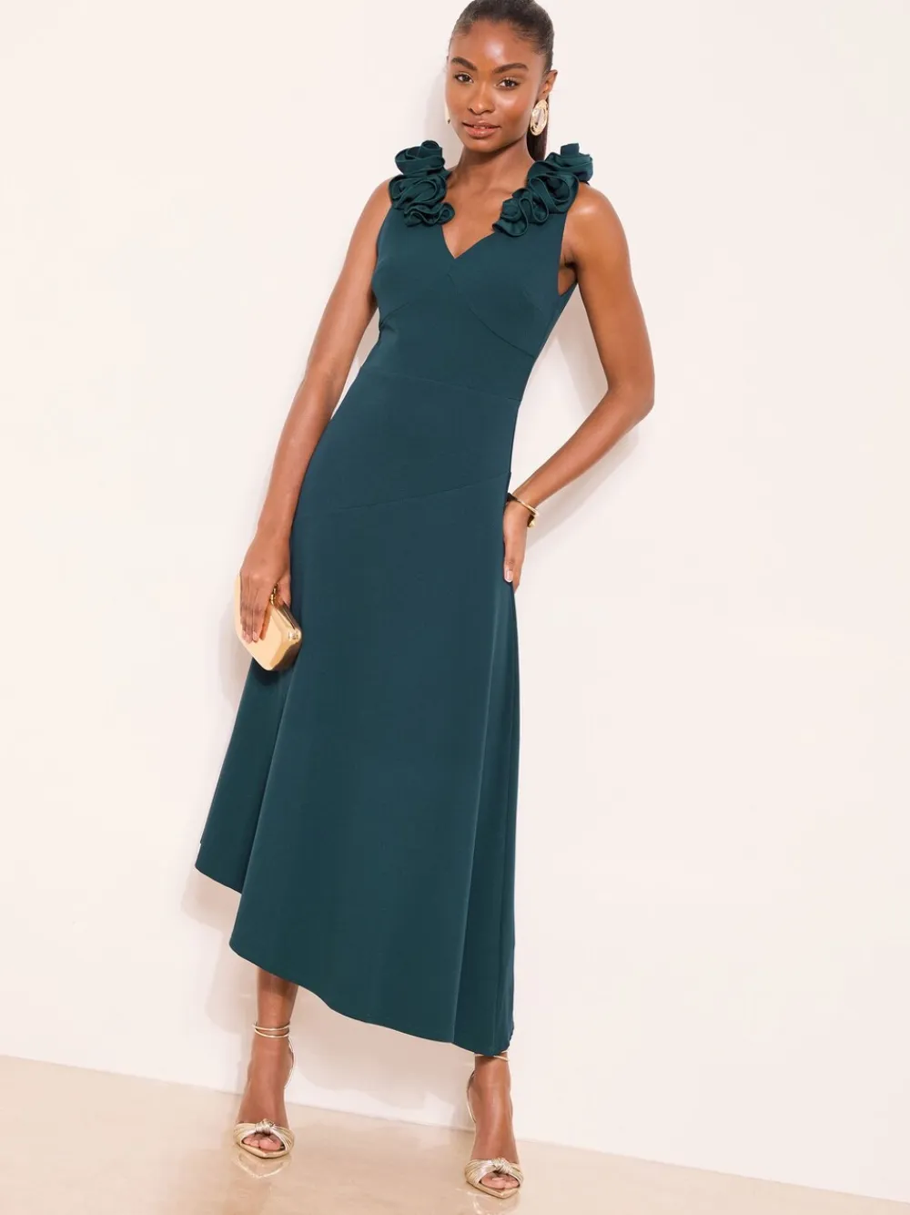 Lipsy Teal Blue Petite Flower Trim V-Neck Skater Dress Clearance