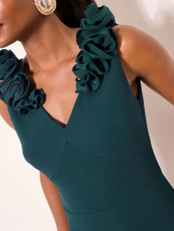 Lipsy Teal Blue Petite Flower Trim V-Neck Skater Dress Clearance