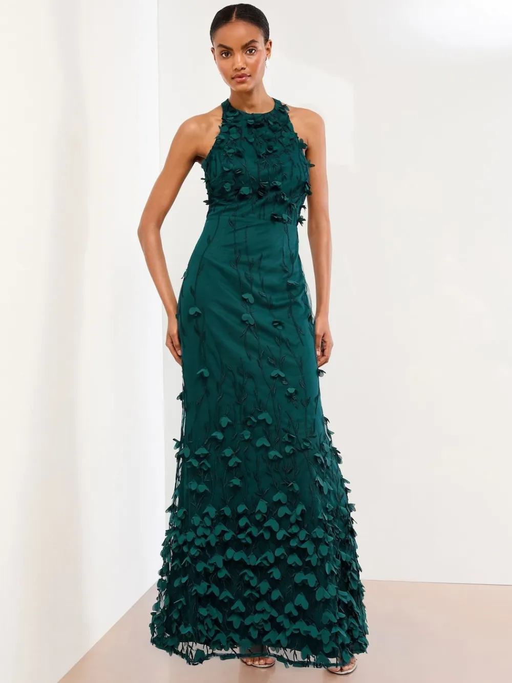 Lipsy Teal Blue Petite Premium Floral 3D Textured Halter Maxi Dress Sale