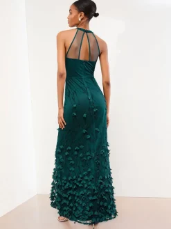 Lipsy Teal Blue Petite Premium Floral 3D Textured Halter Maxi Dress Sale