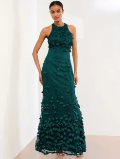 Lipsy Teal Blue Premium Floral 3D Textured Halter Maxi Dress Sale