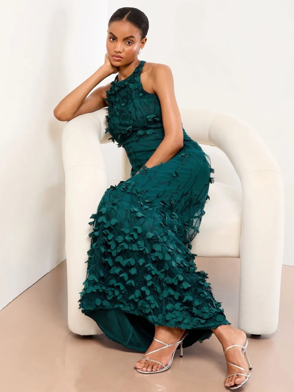 Lipsy Teal Blue Premium Floral 3D Textured Halter Maxi Dress Sale