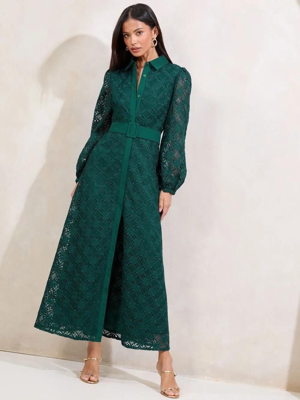 Lipsy Teal Green Petite Premium Lace Belted Long Sleeve Shirt Dress