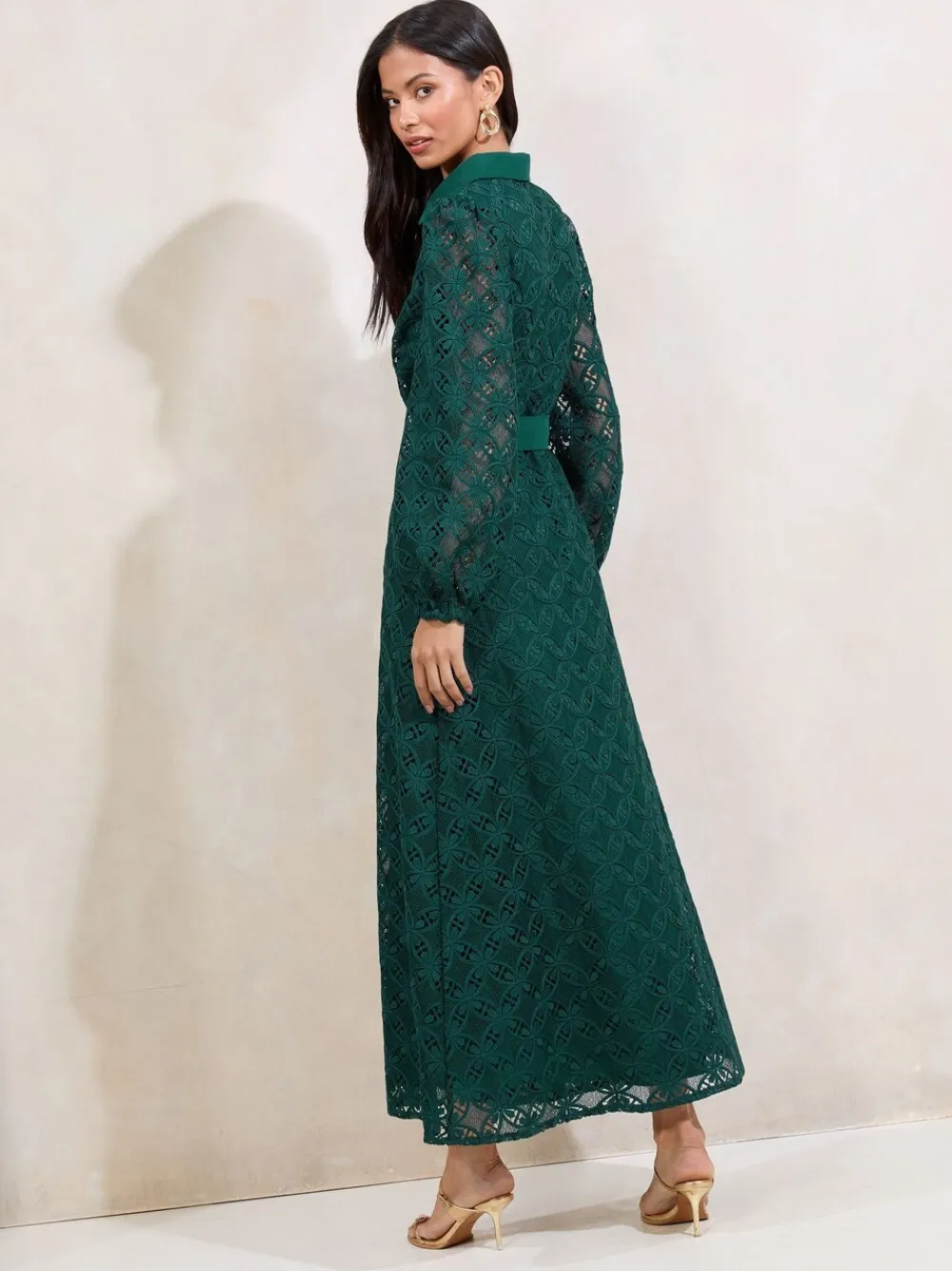 Lipsy Teal Green Petite Premium Lace Belted Long Sleeve Shirt Dress