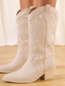 Lipsy White Bridal Pearl Embellished Mid Calf Western Boots Best