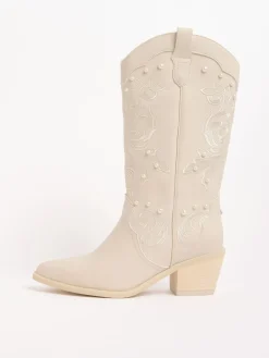 Lipsy White Bridal Pearl Embellished Mid Calf Western Boots Best