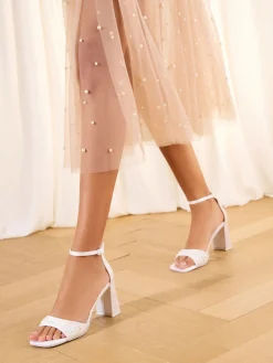 Lipsy White Bridal Satin Pearl Embellished High Block Heeled Sandals Best