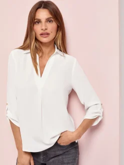 Lipsy White Petite V-Neck 3/4 Sleeve Collared Blouse Clearance