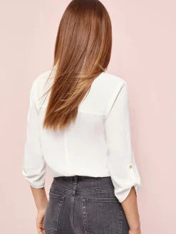 Lipsy White Petite V-Neck 3/4 Sleeve Collared Blouse Clearance