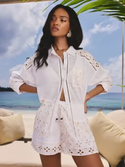 Lipsy White Relaxed Fit Broderie Beach 100% Cotton Shirt New