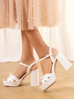 Lipsy White Standard Fit Knot Block Platform Bridal Mid Heel Wedding Sandals New