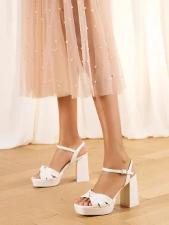 Lipsy White Standard Fit Knot Block Platform Bridal Mid Heel Wedding Sandals New
