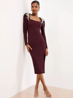 Lipsy Wine Embellished Shoulder Trim Long Sleeve Bodycon Midi Dress New
