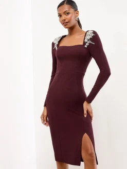 Lipsy Wine Embellished Shoulder Trim Long Sleeve Bodycon Midi Dress New